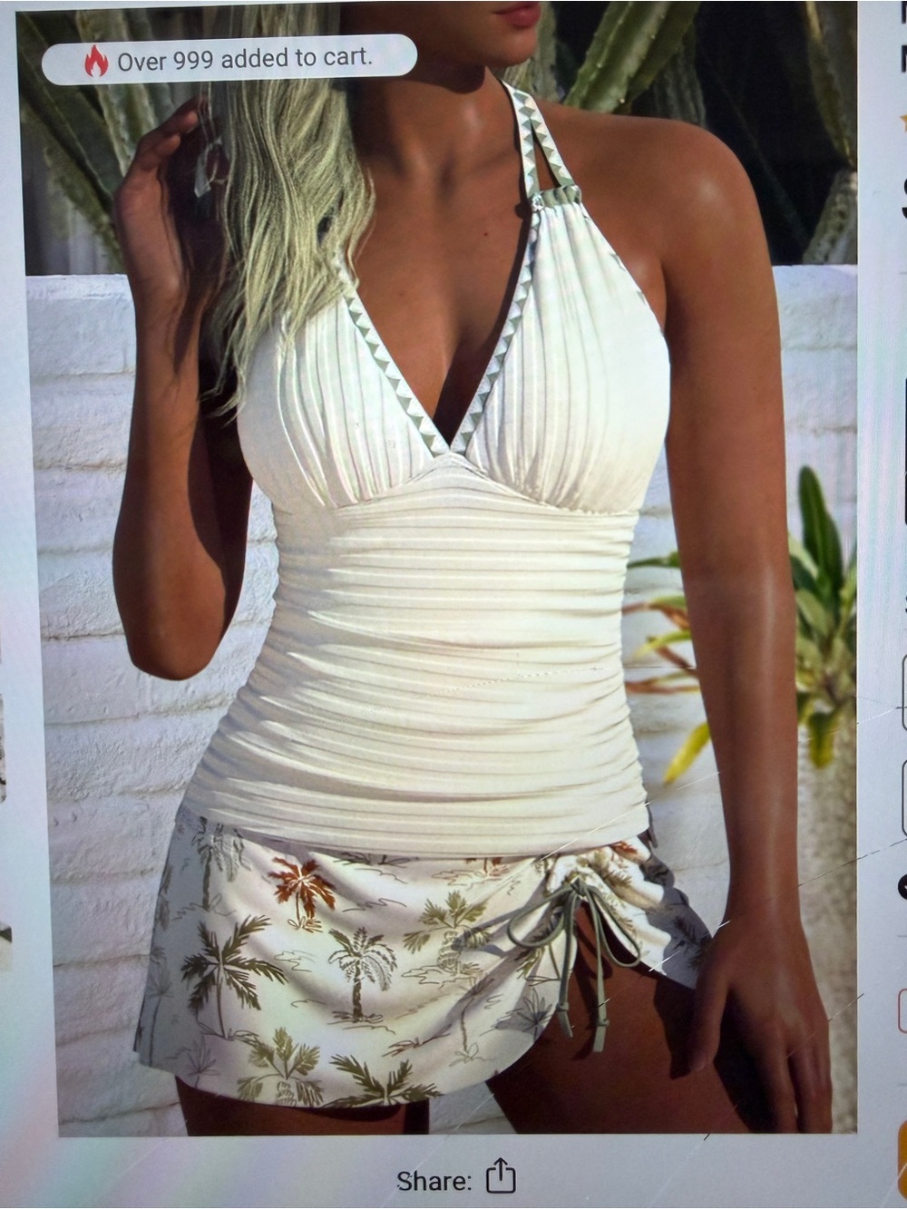 Women’s Cream Halter Tankini Top and Palm-Print Swim Skirt